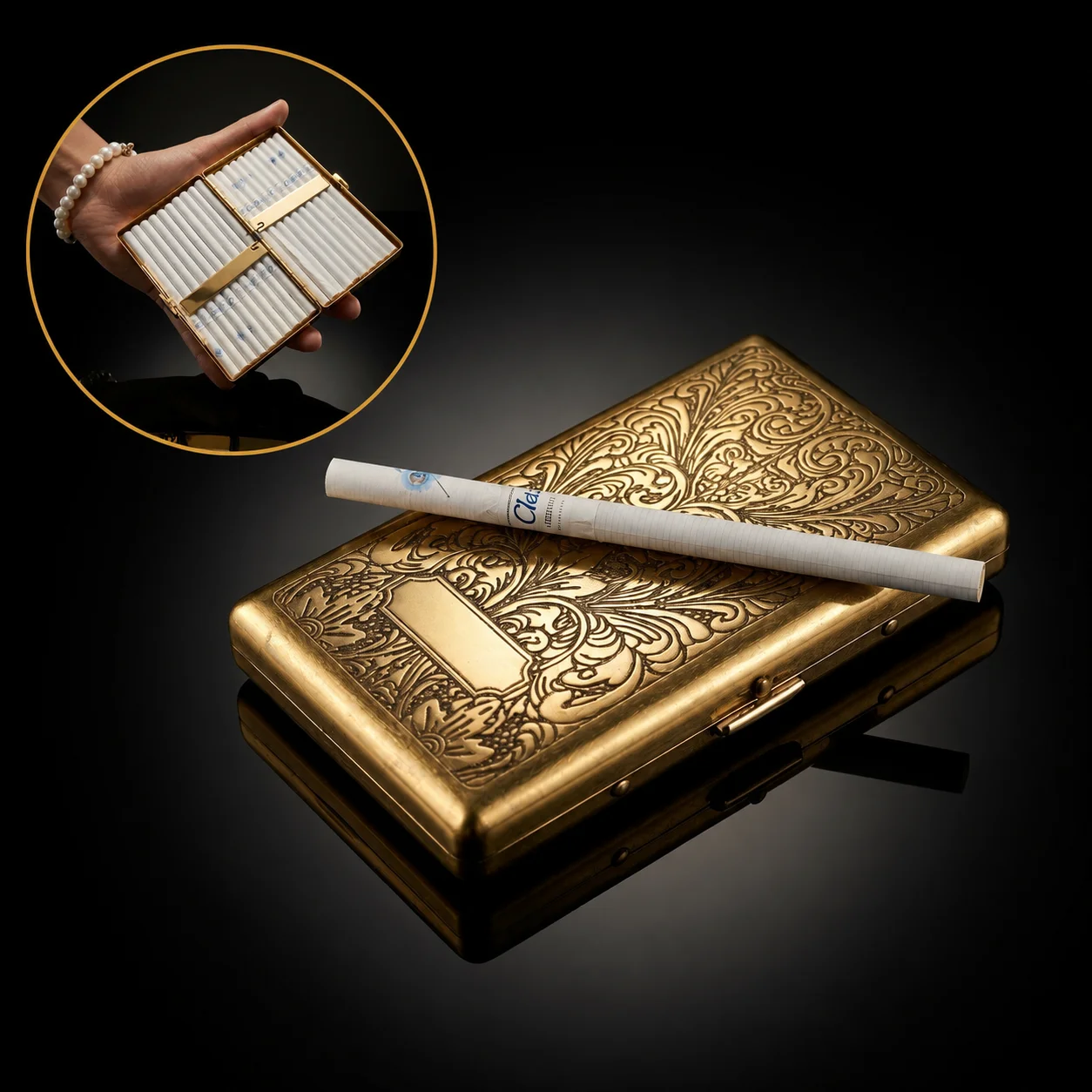 Antique Gold  Engraved Metal Cigarette Case
