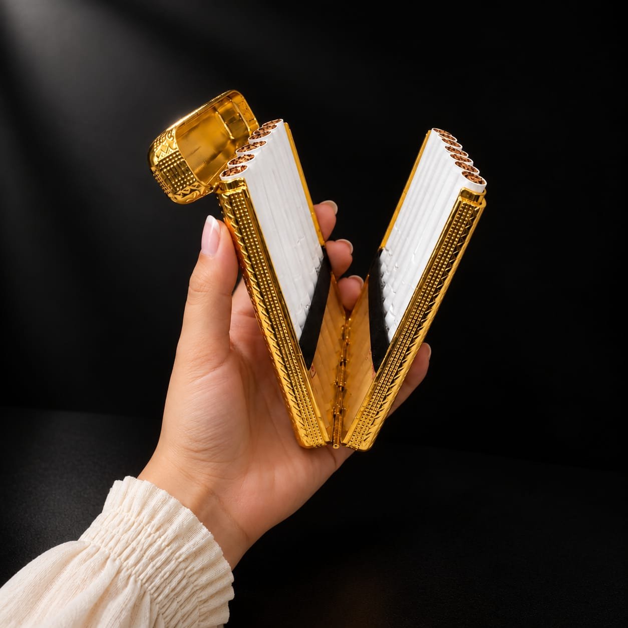 Limited Edition Golden Metal Cigarette Case with Ornate Engraved Design