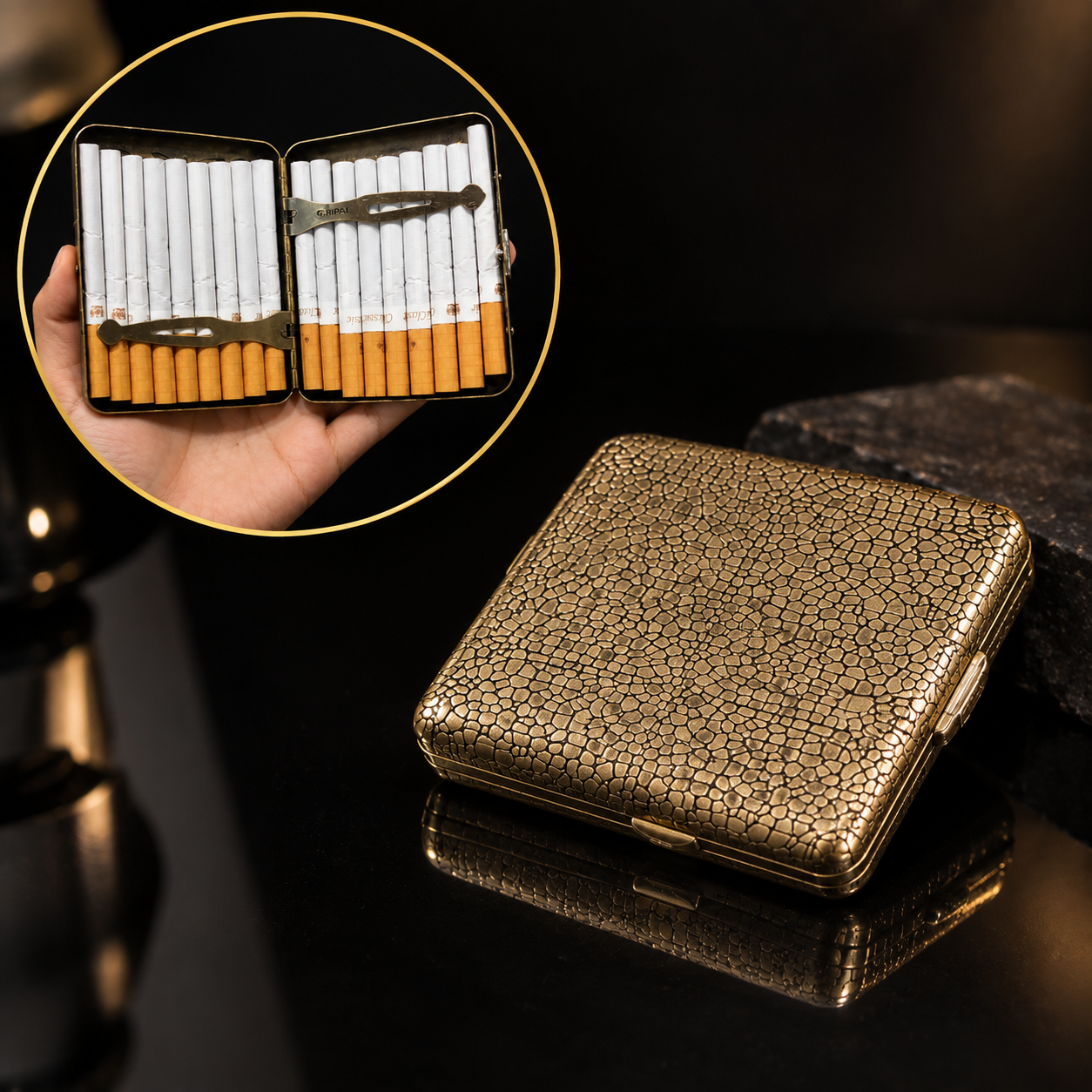 Brass Metal Cigarette Case with Textured Reptile Pattern