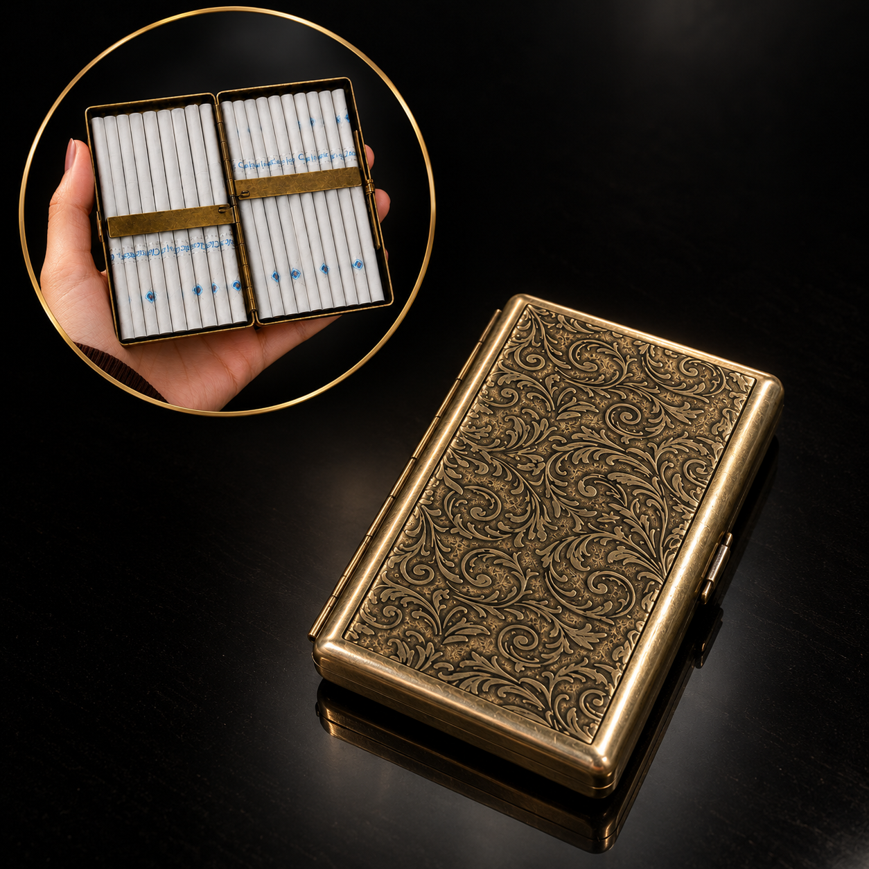 Gold Floral Engraved Metal Cigarette Case