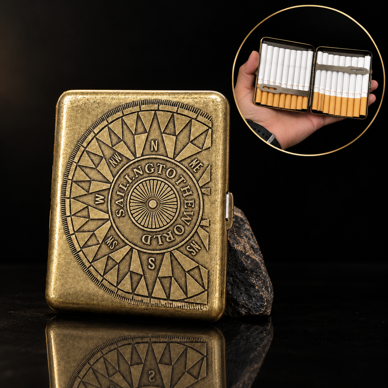 Compass Engraved Metal Cigarette Case