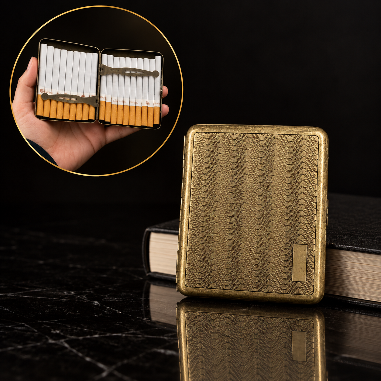 Vintage Engraved Metal Cigarette Case With Brass Finish